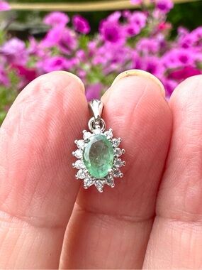 Emerald Halo Pendant, Sterling Silver, BRAND NEW